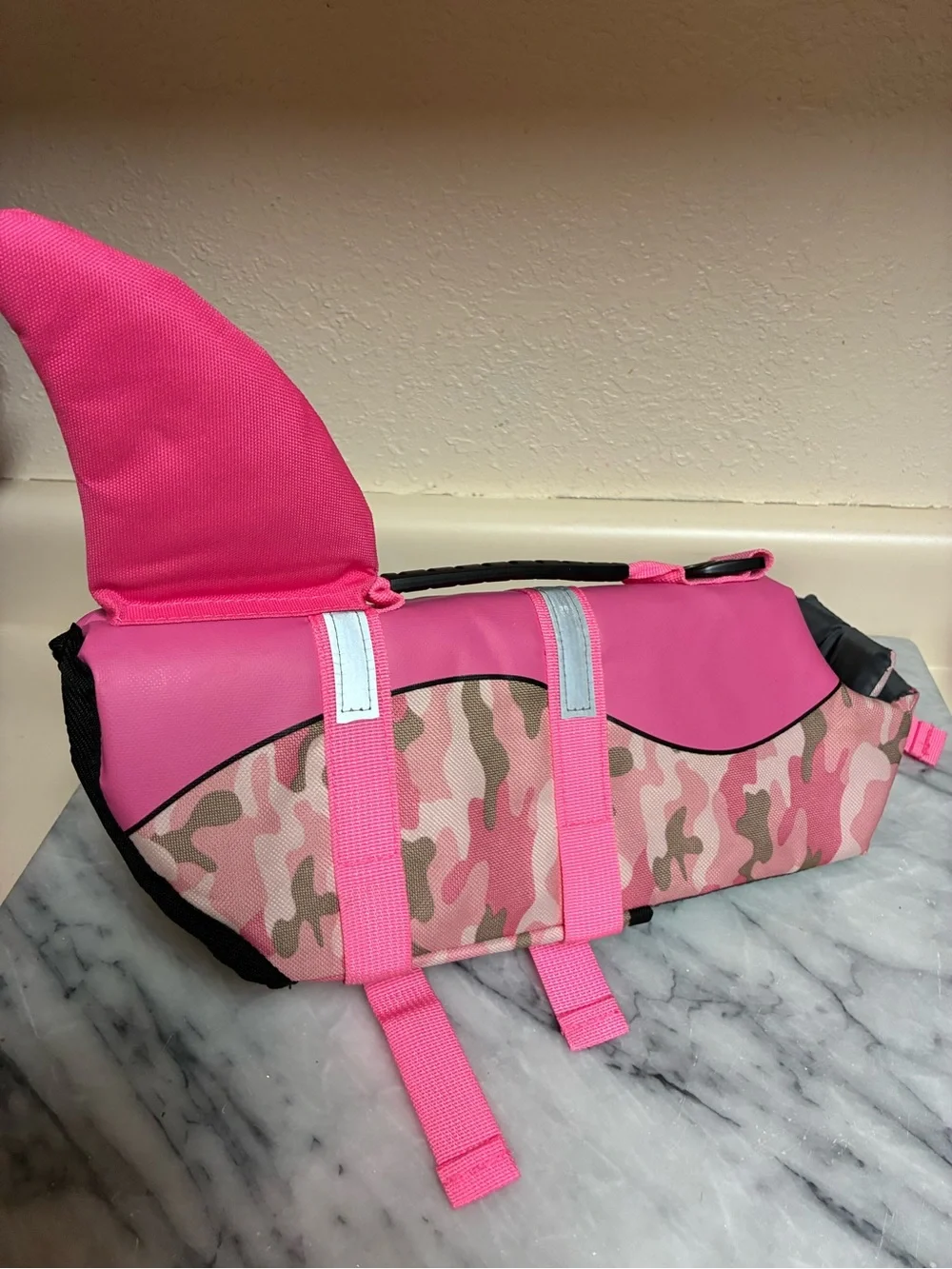 Pink Camo Dog Life Jacket with Handle and shark Fin